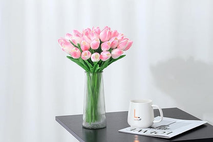 20pcs Pink Tulips Artificial Flowers Fake Silk Tulips Real Touch Flowers for Spring Kitchen Wedding Home Decor Arrangements Easter Decor 14 Inch