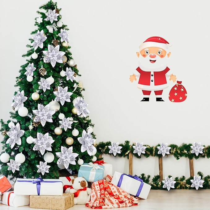 24 Christmas Glitter Artificial Poinsettia Flowers Xmas Poinsettia Artificial Wedding Flowers Decorations Xmas Tree Ornaments with Clips for Party Favors, 6 Inch, 4 Inch, 3 Inch (White)