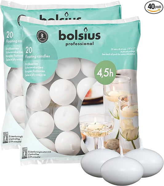 Bolsius Unscented 1.75" Floating Candles – Set of 40 White Floating Candles – Cute and Elegant Burning Candles – Candles with Nice and Smooth Flame – Party Accessories