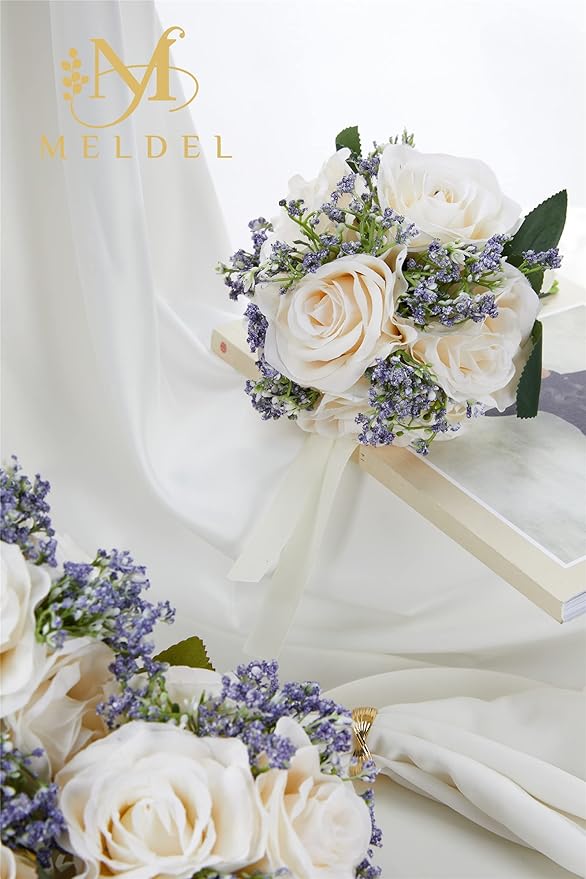 Meldel 6.5 Inch Ivory Bridesmaid Bouquet, Set of 6, Purple Wedding Bouquets for Bridesmaids, Small White Bridesmaids Bouquets