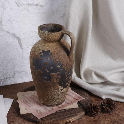 Wabi Sabi Decor Vintage Terracotta Vase with Handles, Rustic Ceramic Farmhouse Vase for Home Decor, Large Antique Vases, Ideal for Centerpieces, Tall Rustic Vases for Dried Flowers, Clay Home Decor
