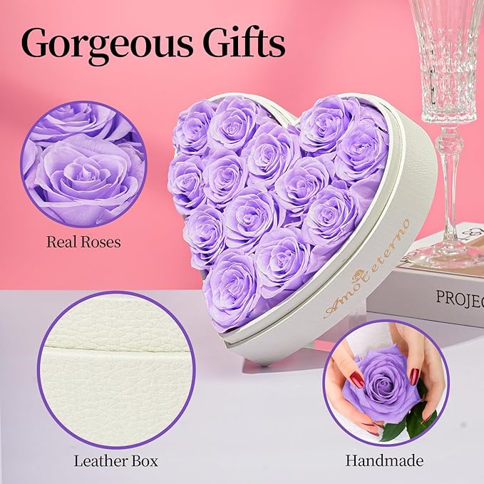 Flower, Forever Roses in A Box, Fresh Flowers, Birthday Gifts for Her, Women, Mom, Girlfriend, Wife, Grandma,Purple Forever Roses
