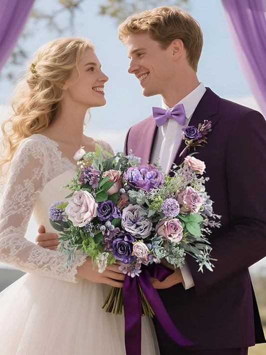 Artificial Flowers Combo Box Set Purple Fake Roses Silk Flowers with Stems for DIY Wedding Bridal Bouquets,Floral Arrangement,Table Centerpieces,Baby Shower,Home Decorations