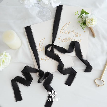 MEEDEE Black Chiffon Ribbon 1 Inch Frayed Ribbon Chiffon Silk Ribbons Black Fringe Thin Chiffon Ribbons for Crafts, Gift Wrapping, Wedding Invitation (3 Rolls 21 Yards)