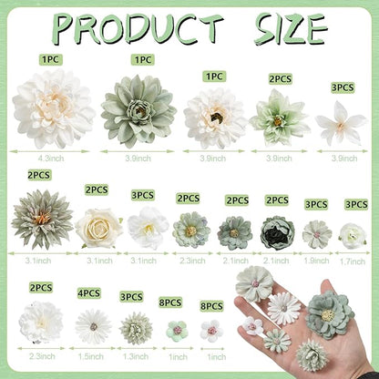 Artificial Flowers Heads Combo White Green Flowers Mix Silk Flowers Dahlia Roses for Graduation Cap DIY Cake Wedding Party Floral Arrangement Table Centerpieces Home Decorations