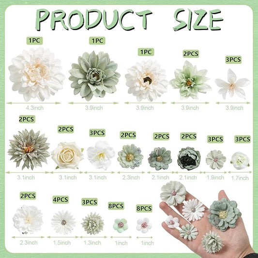 Artificial Flowers Heads Combo White Green Flowers Mix Silk Flowers Dahlia Roses for Graduation Cap DIY Cake Wedding Party Floral Arrangement Table Centerpieces Home Decorations
