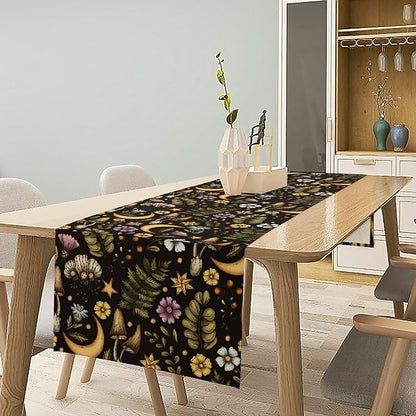 Vintage Mushroom Table Runner, Rustic Botanical Flowers Fern Moon Star Print Table Runner for Home Kitchen Dining Table Decoration Indoor Outdoor Party, 13x90inch