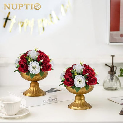 NUPTIO Artificial Flower Centrepieces for Tables - 6 Pcs Crimson & White Fake Flowers Roses Balls 9.5in Diameter - Silk Faux Rose Arrangement for Wedding Party Centerpiece Table Decorations