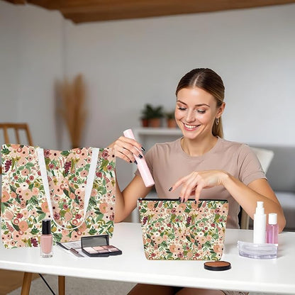Aesthetic Floral Tote Bag Makeup Bag Flower Decor Gifts for Girls Christmas Shopping Grocery Bags Cosmetic Bags