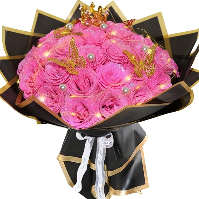 Pink Glitter Roses Bouquet, 24 Pcs Shiny Glitter Flowers Bouquet, Everlasting DIY Artificial Roses Bouquet for Christmas, Birthday, Anniversary, Wedding, Engagement