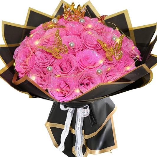 Pink Glitter Roses Bouquet, 24 Pcs Shiny Glitter Flowers Bouquet, Everlasting DIY Artificial Roses Bouquet for Christmas, Birthday, Anniversary, Wedding, Engagement