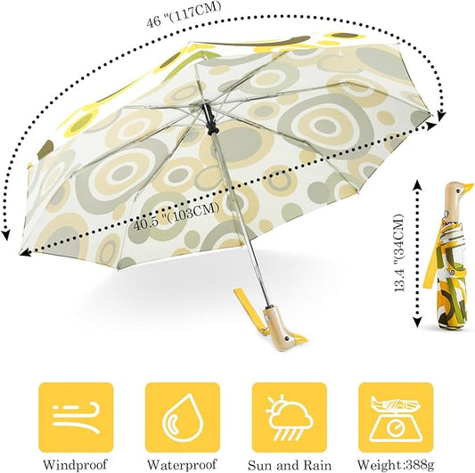Cute Duck Umbrella Automatic - Compact Pretty Pocket Size Strong Duck Collapsible Umbrella Yellow Wooden Handle for Women