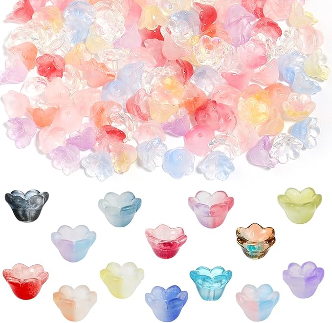 LadayPoa 350pcs Glass Bellflower Beads for Jewelry Making Trumpet Flower Beads Gradient Clear Cute Bead for Bracelets Making Aesthetic Bead Charms for DIY Necklace Decoration-Mixed Colors
