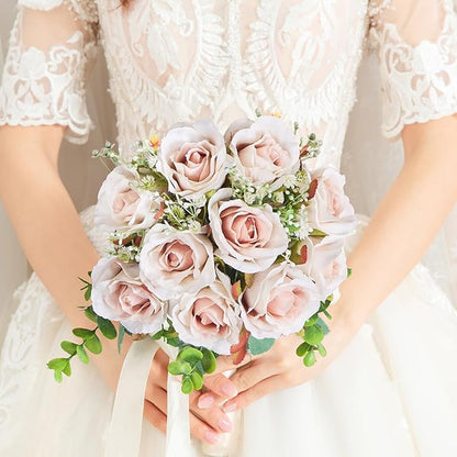 Pink Champagne Roses 10 in, Fake Flowers Wedding Bouquets for Bride, Wedding Silk Artificial Flowers 10pcs for Wedding Party, Ceremony, Anniversary & Home Decor (Come with 3 Styles of 4.5 ft Ribbons)