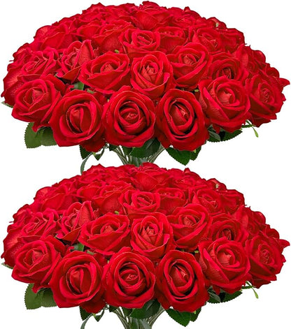 Wondrus Bulk Artificial Flowers 50 PCS, Fake Velvet Silk Red Roses with Long Stems Realistic Bouquet for Wedding Centerpieces, Faux Arrangement for Home Table Decor
