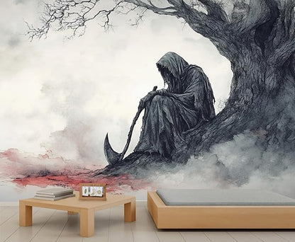 Grim Reaper Sitting Tree Wall Mural, Gothic Death 3D Wall Murals, Gothic Halloween Themed Wallpaper Mural, for Living Room Bedroom Large Wallpaper Indoor Decor 59" W x39.4 H