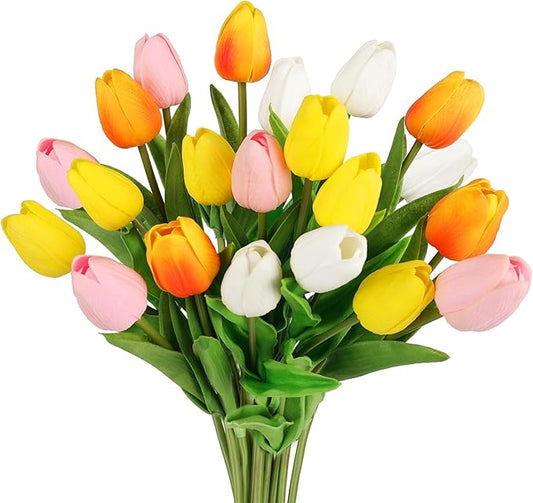 DEEMEI Tulips Artificial Flowers 20 Pcs Multicolor Fake Tulip Stems Real Touch PU Tulips for Easter Spring Wedding Bouquet Home Centerpiece Floral Arrangement Table Décor
