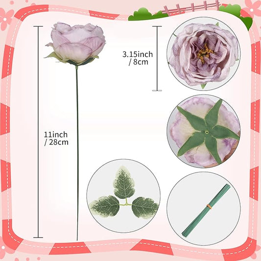 16pcs Peonies Artificial Flowers Head Light Purple Austin Roses Vintage Burnt Flowers Silk Rose Head with Stems for DIY Flower Wedding Bouquets Centerpieces Home Decoration (Light Purple)