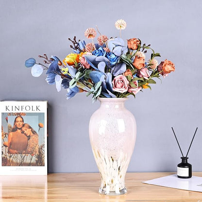 11.8" Tall Pink Glass Vase Beautiful Hand Blown Glass Vase Modern Art Home Decor, Wide Mouth Colorful Vases for Mantle Dining Table Centerpiece, Entryway Living Room Wedding Decoration