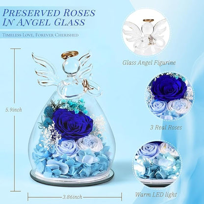 Flowers for Delivery, Christmas Decor Birthday Gifts for Mom Grandma Women, Preserved Rose Forever Flower in Glass Angel Figurines Real Fresh Bouquet for Wife Sister Her from Daughter