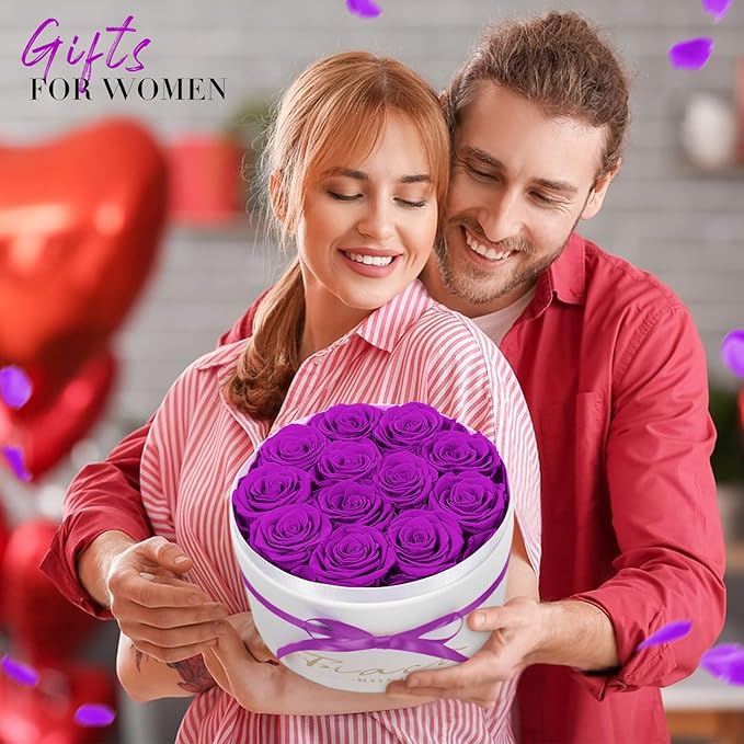 FIACO Gifts for Women Preserved Flowers in a Box-12 Forever Real Rose Flowers for Delivery Prime Birthday Gifts for Mom Grandma Wife Girlfriend Sister Fresh Flowers Eternal Rose Purple