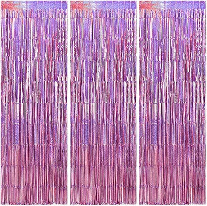 TONIFUL 3Pcs Laser Light Pink Door Streamers,Laser Pink Photo Booth Backdrop Metallic Streamers Pink Foil Fringe Curtains for Birthday,Christmas,New Year,Bachelorette,Grad Party(9.9ft x 6.6ft)
