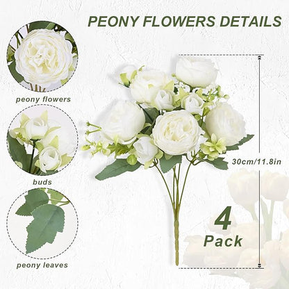 MARTINE MALL 4 Packs Peonies Artificial Flowers, White Artificial Peonies, Silk Peonies Flowers Fake Peonies Artificial Flowers Peonies Bouquet for Centerpiece Table Wedding Party Home Decor