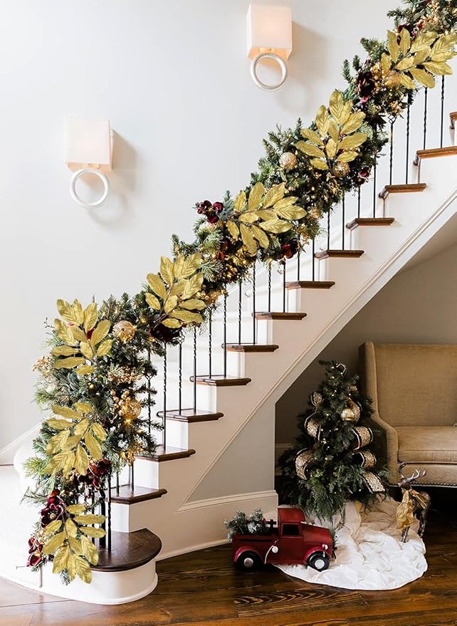 3 Pack Gold Glittered Artificial Leaf Spray Picks 31" Tall Magnolia Leaves Long Stems for Christmas Picks Winter Wedding Christmas Tree Garland Wreath DIY Bouquet Centerpiece Vase