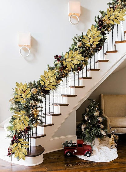 3 Pack Gold Glittered Artificial Leaf Spray Picks 31" Tall Magnolia Leaves Long Stems for Christmas Picks Winter Wedding Christmas Tree Garland Wreath DIY Bouquet Centerpiece Vase