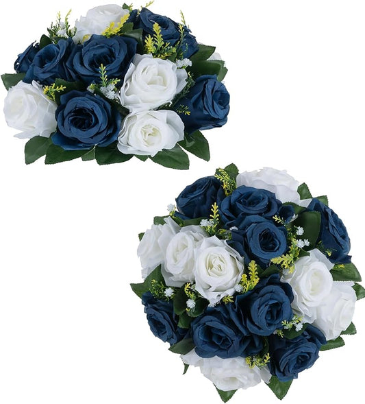 BLOSMON Navy Blue Rose Flowers: 2 Pcs Fake Floral Balls Centerpiece for Wedding Table Centerpieces - Artificial Silk Kissing Bouquet Flower Arrangement for Home Party Event Decor