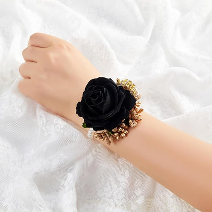 SITUMEIZI 2Pcs Black Corsage and Boutonniere Set Corsage Wristlet for Prom Decor Boutonniere for Men Wedding Flowers Accessories Party Suit Decoration