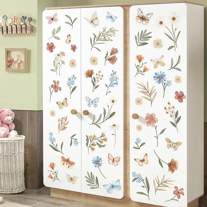 decalmile Boho Flower Wall Decals Watercolor Floral Butterflies Wall Stickers Baby Nursery Girls Bedroom Kids Room Wall Decor