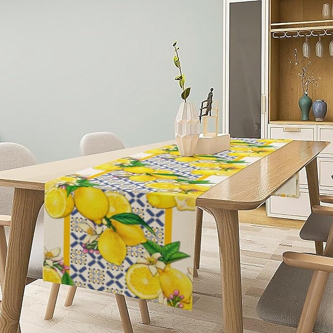 Lemon Table Runner ,Summer Blue Tiles Lemons Kitchen Dining Table Decoration Lemons Table Cover for Indoor Outdoor Home Party Decor, 13 x120 in