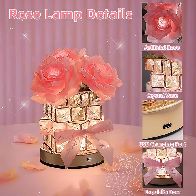 Rose Flower Lamp,Rechargeable Cordless Touch Table Lamp for Bedroom,3-Colour Dimming Small Night Light,Crystal Bedside Lamps with USB Charge,Birthday Christmas Gifts for Women,Mom (Rose Flower Lamp)