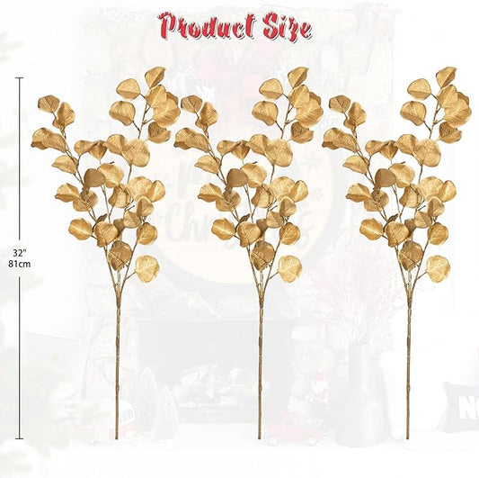 Hollyone 32” Christmas Tree Picks and Sprays 3Pcs Gold Artificial Eucalyptus Stems Eucalyptus Leaves Branches Fake Gold Leaf Floral for Vase DIY Xmas Tree Garland Wreath Centerpieces Wedding Decor