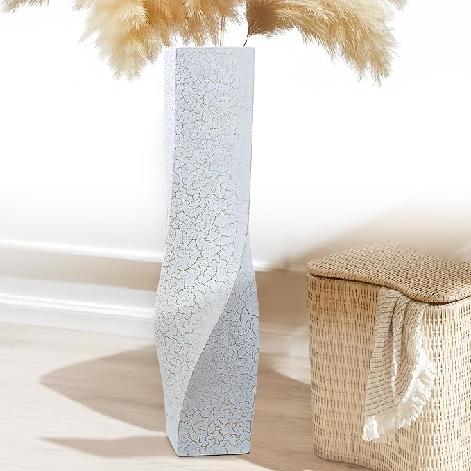 Tall Vases On Floor, 27.56" Twisted Geometric Flower Vase for Home, Living Room, Flower Centerpieces, Shelf, Table, Decor, White Crackle Vase