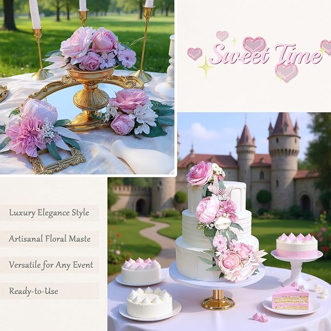 Pre-Made Blush Pink Silk Flowers for Cakes Decorations Pastel Light Pink Artificial Rose Peony Wedding Cake Toppers Decorating Fake Floral Anniversary Birthday Party Arrangements Table