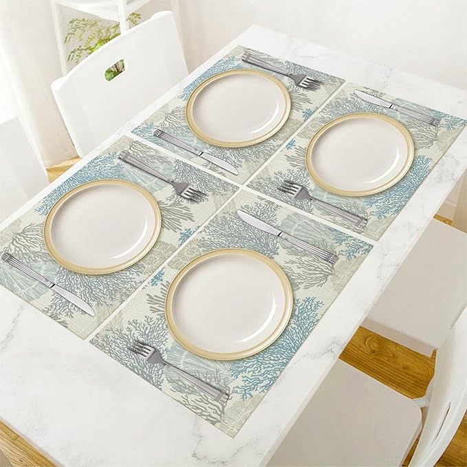 Nautical Beach Placemats Ocean Starfish Seashell Coral Art Printed Dining Table Mats Set of 4 for Restaurant Home Kitchen Holiday Picnic Party Decor 12x18in