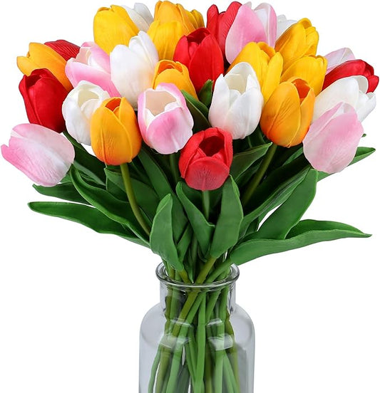 SITUMEIZI Fake Flowers Tulips Artificial Silk Flower 15pcs Real Touch 14" for Spring Easter Home Kitchen Wedding Bouquet Bulk Mother's Gift Day Decorations(Assorted Colors,5)