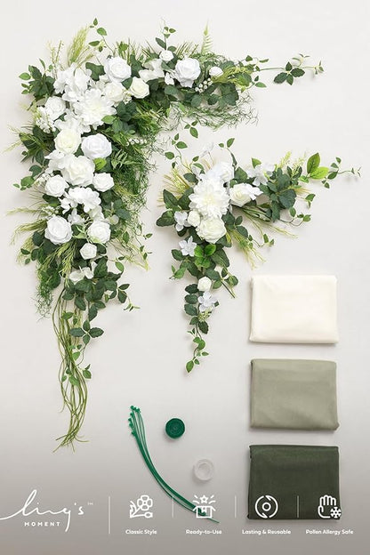 Ling's moment Wedding Arch Flowers with Drapes Kit-Pack of 5, 2pcs Flower Arrangements 3pcs Sheer Hanging Drapes White Ceremony Arbor Backdrop Artificial Rose Floral Decorations, White Green