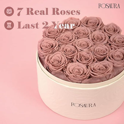 Rosaura Round Preserved Roses Gift Box - Real Forever Flowers for Birthday, Valentine's & Mother's Day (Cappuccino, 7 Roses)