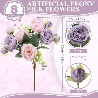 8 Bundles Artificial Peonies Flowers Boho Faux Flowers Arrangements Artificial Centerpiece Spring Bouquet Floral Wedding Decoration for Vase(Pink, Purple)