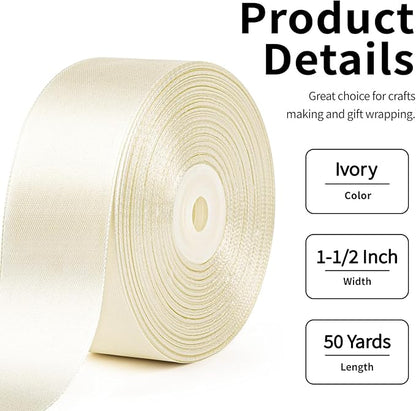 1-1/2 Inch Wide Ivory Satin Ribbon, 50 Yards Solid Polyester Fabric Ribbon for Roses Making, Gift Wrapping, Christmas, Wedding Decorations, Crafts, Bows