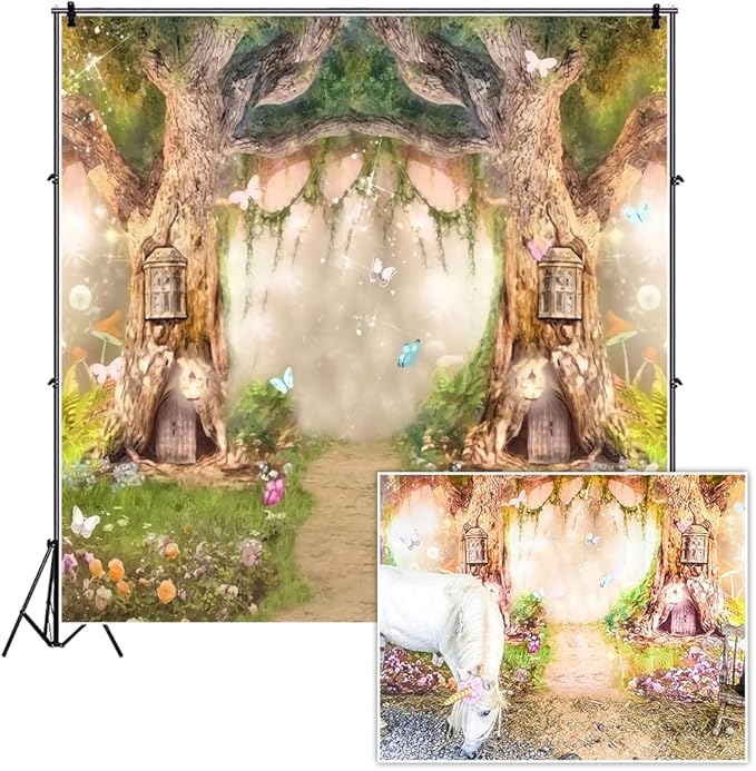 Leowefowa 10x10ft Vinyl Birthday Backdrops Fairy Tale Forest Enchanted Flower Baby Shower Photo Backgrounds for Birthday Party Photoshoot Newborn Baby Kids Children Studio Props Photography Banner