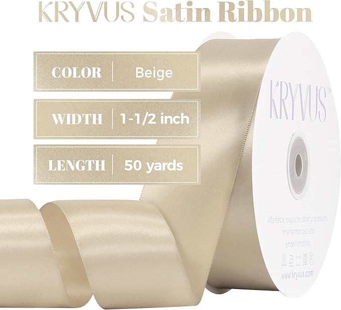 Beige Satin Ribbon, Double Faced 1-1/2 Inch X 50 Yards Beige Ribbon, Premium Satin Ribbon for Gift Wrapping, Crafts, Hair Bow Making, Sewing, Flower Bouquet, Wedding Party Decor