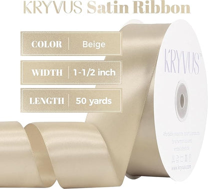 Beige Satin Ribbon, Double Faced 1-1/2 Inch X 50 Yards Beige Ribbon, Premium Satin Ribbon for Gift Wrapping, Crafts, Hair Bow Making, Sewing, Flower Bouquet, Wedding Party Decor