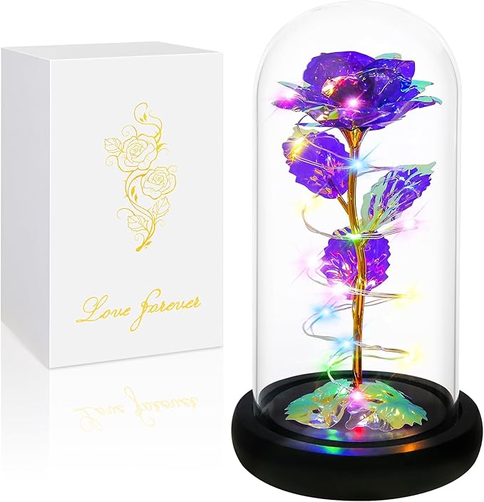 Childom Christmas Rose Gifts for Women,Birthday Gifts for Women Mom Christmas,Flowers for Delivery Prime,Purple Light Up Rose in A Glass Dome,Anniversary Flowers Gift for Her Grandma Valentines Day