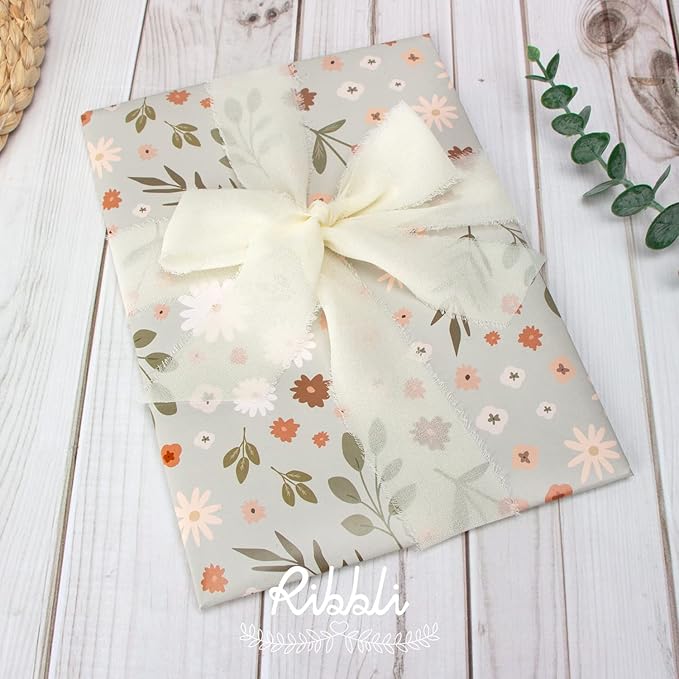 Ribbli Ivory Chiffon Ribbon 1-1/2 inch x 30 Yard Handmade Fringe Chiffon Ivory Silk Ribbon,Cream Ribbon for Wedding Invitations, Bridal Bouquets Wrapping, Flower Arrangement Decoration