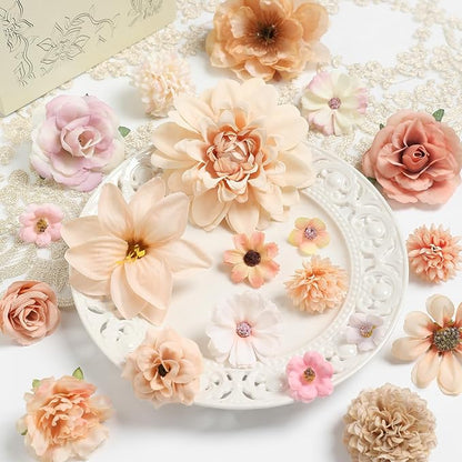 Fake Flower Heads Mini Artificial Flower Nude Color Faux Dahlia Rose Flowers for Crafts Cake Blossom Wreath Bouquets for Wedding Bridal Party Baby Shower Graduation Season Home Decor