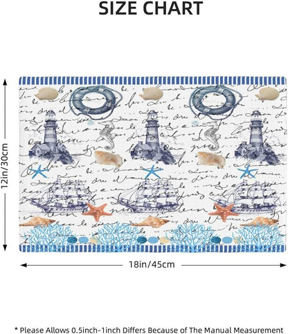 Starfish Placemats, Simple Vintage Watercolour Coral Ocean Shell Lighthouse Seahorse Sailboat Coastal Theme Print Washable Fabric Placemats Table Kitchen Dining Party 12x18 Inch Set of 4